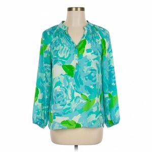 Lilly Pulitzer Silk Floral Print V Neck Smocked Blouse Top Womens XS